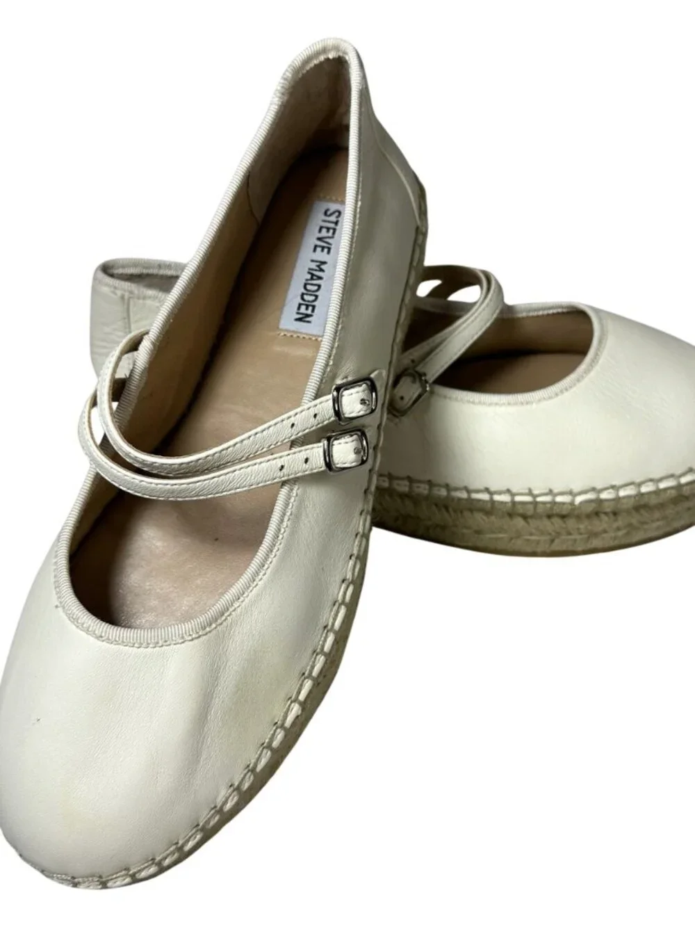 Steve Madden Brinn Mary Jane Espadrille Platform Flats White Leather Womens 9